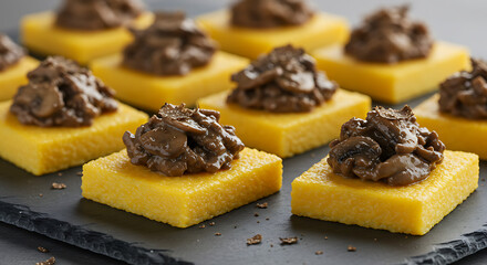 Delicious polenta squares topped with savory mushroom ragu, a culinary delight that combines textures and flavors for a sophisticated appetizer.