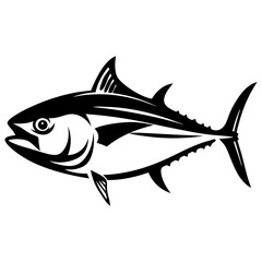 Bold black and white stylized illustration of a powerful swimming tuna fish