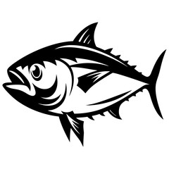 Stylized illustration of a black and white tuna fish swimming forward