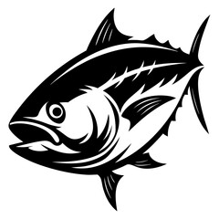 Striking black and white tuna fish illustration with bold, modern design elements