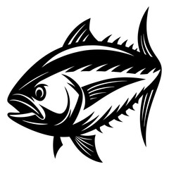 Stylized Black and White Tuna Fish Illustration with Fins and Gills