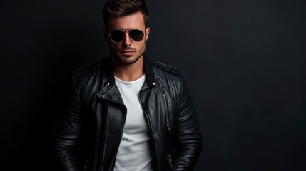Obraz premium A stylish man in a black leather jacket and sunglasses poses against a dark background.