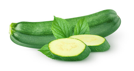 Whole zucchini (courgettes) and two slices isolated on white background with clipping path