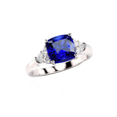 princess cut sapphire gemstone on silver ring transparent background isolated png stock