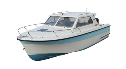 Isolated White and Blue Cabin Cruiser Boat