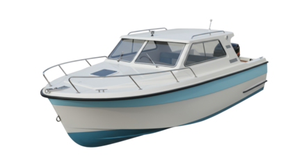 Isolated White and Blue Cabin Cruiser Boat