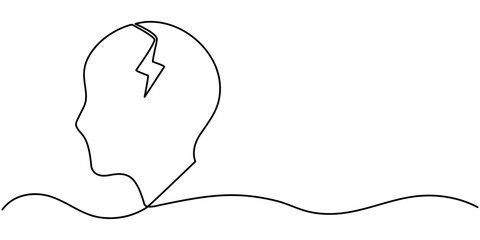 Headache Single Line Icon, Continuous Line Drawing of Brainstorming Icon. Hand Drawn Symbol Vector Illustration, brain energy continuous one line drawing.