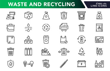 Waste and Recycle line icon set. Trash separation, waste sorting, trash, plastic, paper, bottles, cans, factory, food, pollution, recycling outline icon collection. UI linear icon pack.