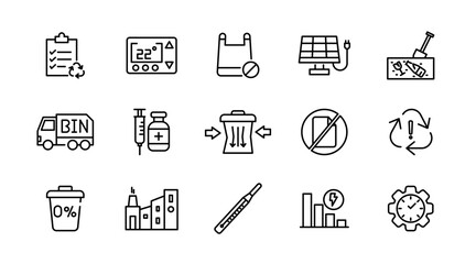 Waste and Recycle line icon set. Trash separation, waste sorting, trash, plastic, paper, bottles, cans, factory, food, pollution, recycling outline icon collection. UI linear icon pack.
