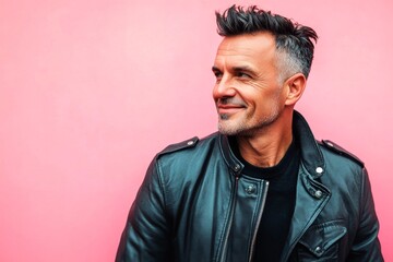 Fototapeta premium Pink solid background. Idea of style for aging men. A relaxed and charming gentleman with a bright smile. Fashionable men's undercut haircut - midlife white man with black hair.