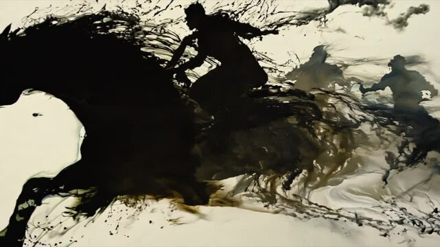 Silhouette of galloping horse and rider emerges from dark swirling ink cloud