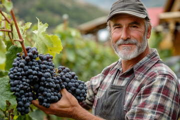 Man holding fresh grapes, sunlight highlighting rich purple hues, vineyard background, serene and elegant composition.