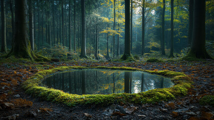Fototapeta premium Enchanted Autumn Forest with Sunlit Pond and Mossy Banks