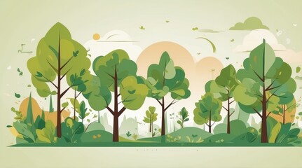 Flat Vector Illustration of Clean Eco-Friendly Nature Scene with Stylized Trees and Leaves

