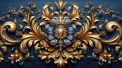 Detailed golden floral ornament on a navy blue background shows elegance