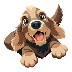 A playful Cocker Spaniel puppy lies on its back, looking up with an open mouth on white background