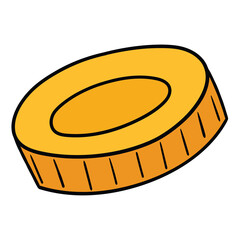 Hand drawn cartoon gold coin on a white background.