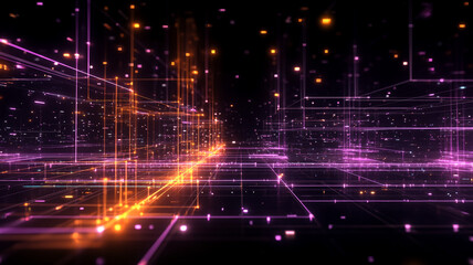 Obraz premium Abstract digital landscape of intersecting neon light beams in orange and purple, forming a 3D grid structure on a dark background. Futuristic, tech-inspired, and immersive.