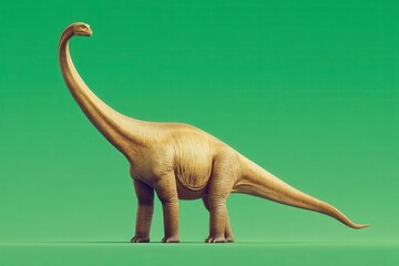 Obraz premium A long-necked dinosaur stands against a vibrant green background.