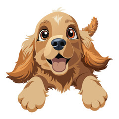 A playful Cocker Spaniel puppy lies on its back, looking up with an open mouth on white background