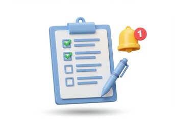 Clipboard with checklist bell and pen isolated on white background