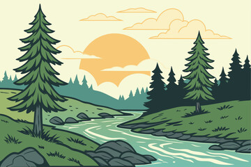 Fototapeta premium 68 Scenic forest landscape, flowing river, pine trees, sunset sky, large sun, fluffy clouds, rocky riverbed, grassy banks, vibrant green foliage, calm water reflections, serene nature scene, digital a