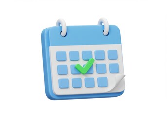 Blue calendar with green check mark against isolated on white background