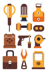 Collection of stylized tools, equipment, and accessories icons