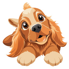 A playful Cocker Spaniel puppy lies on its back, looking up with an open mouth on white background