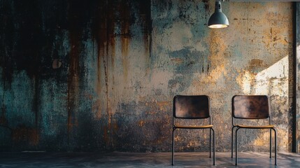 Industrial vintage room with two metal chairs against a textured wall