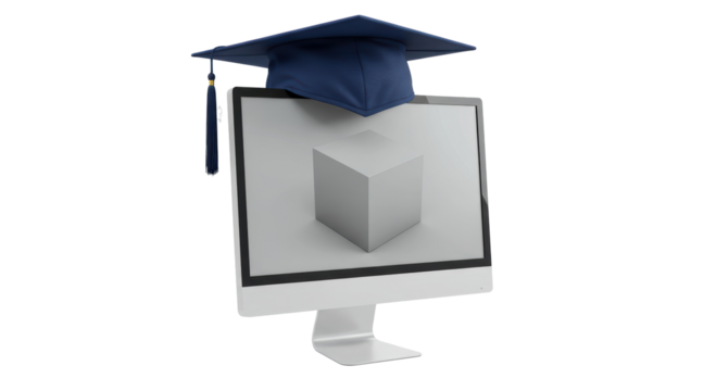 Isolated Online Education with Graduation Cap on Computer Screen