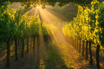 Obraz premium Sunshine filters through lush vineyard rows.