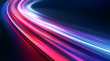 Vivid abstract illustration of red, pink, and blue neon light trails curving across a dark background. Evokes a sense of speed, technology, and futuristic motion