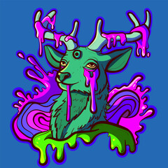 Acid psychedelic deer head surrounded by sticky pink slime. Proud and trippy reindeer with dripping goo on the horns