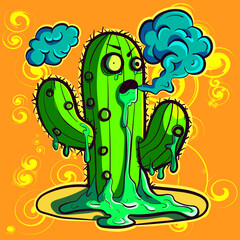 Funky and crazy cactus with slime surrounded by smoke. Trippy acid and psychedelic cacti with eyes and a weird look