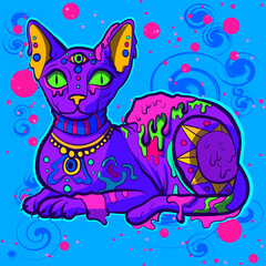 Acid psychedelic sphynx cat with purple skin and funky motifs. Stoned sphinx surrounded by slime