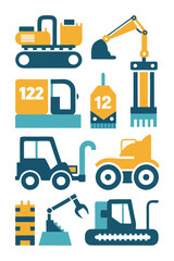 Colorful Construction Equipment Illustrations: Excavator, Bulldozer, Digger, Tractor