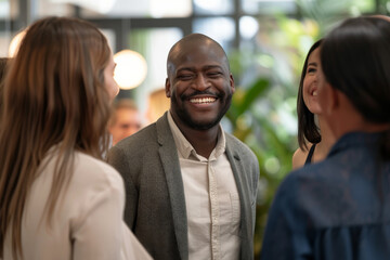 Fototapeta premium Joyful man engaged in a conversation with colleagues in a bright setting