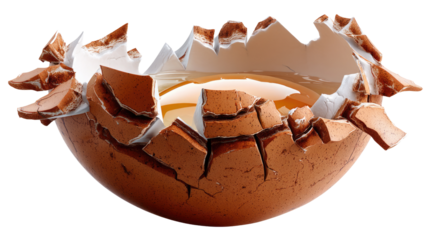 Cracked Egg with Raw Egg Yolk:  A brown egg shell cracked and broken into pieces, showcasing the raw egg yolk inside, in a raw and intimate shot.