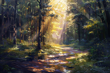 Fototapeta premium Enchanted forest with sun rays piercing through trees to a calm pond