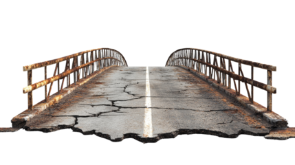 Dilapidated bridge section revealing structural damage, isolated on black backdrop