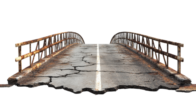 Dilapidated bridge section revealing structural damage, isolated on black backdrop