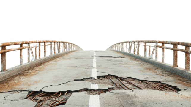 Dilapidated bridge section symbolizing infrastructure neglect and decay isolated