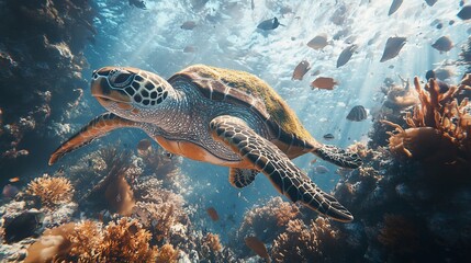 Obraz premium Sea turtle swimming peacefully through coral reef in vibrant, underwater scene