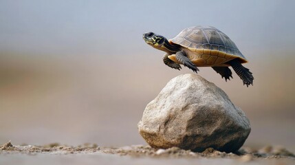 A turtle looking extremely dramatic while trying to climb a tiny rock --ar 16:9 --v 6.1 Job ID: 2be51bb8-31fa-4901-94c8-5623c7d0e042