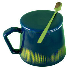 ceramic mug with a lid and a spoon on transparent background