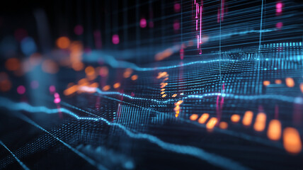 Abstract 3D render of vibrant vertical light bars in neon blue, pink, and orange rising from a digital grid. A futuristic data visualization representing analytics, connectivity, and technology.