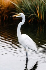 Naklejka premium A Serene Great Egret Standing in Marsh Waters of excellence in splendor beyond compare with grace