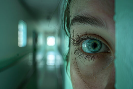 Close-up of a person's eye peeking around the corner in a blurred hospital corridor.