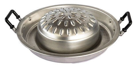 A Thai aluminum pot designed for BBQ and hot pot combined in one&mdash;two-in-one cooking functionality on transparent background